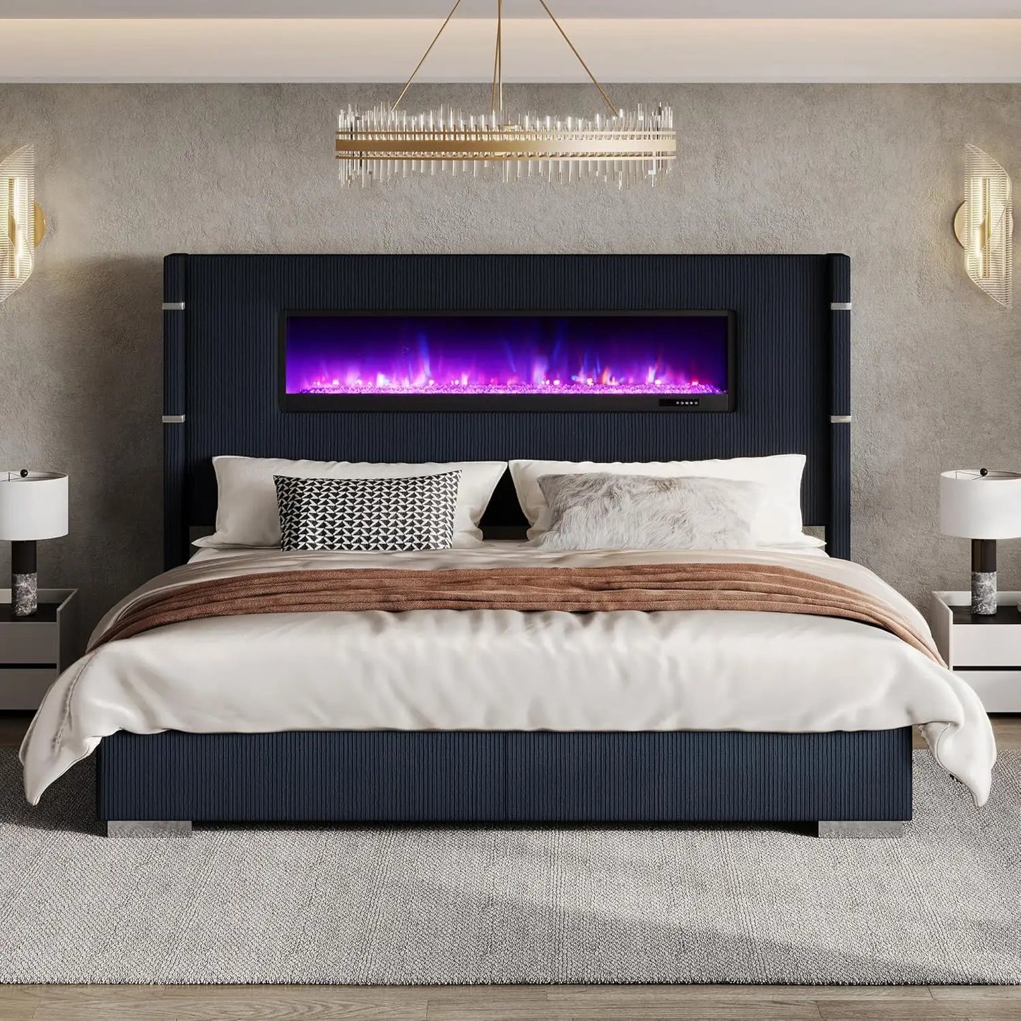 Modern California King Size Bed Frame with Fireplace, Corduroy Upholstered Bed Frame with 60.4“ Extra Tall, Customized