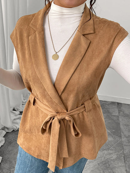 Women Plus Size Sleeveless Vest Autumn Winter Solid Color Lapel Collared Belted Outerwear Work Office Vest with Pockets and