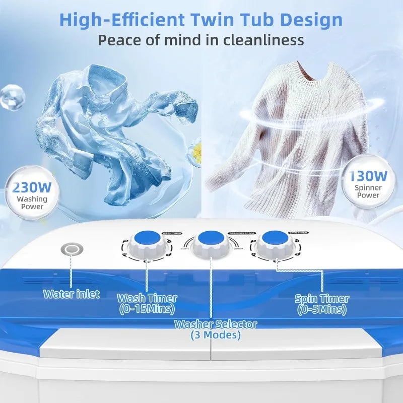 VCJ Portable Washing Machine, Twin Tub Washing Machine Laundry Compact Washer spinner Combo with 14lbs capacity