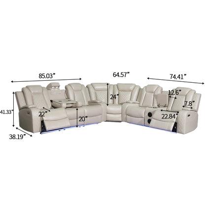 Power Reclining Sofa Couch with Wireless Charger 3 Seaters Recliner  Reading Light Leather Bluetooth Speaker Theater Seating LED