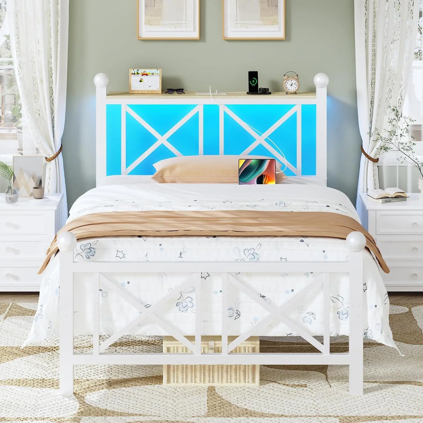 Bed Frame with LED Lights, Heavy Duty Metal Bed with Headboard and Footboard, Storage Shelf with Charging Station