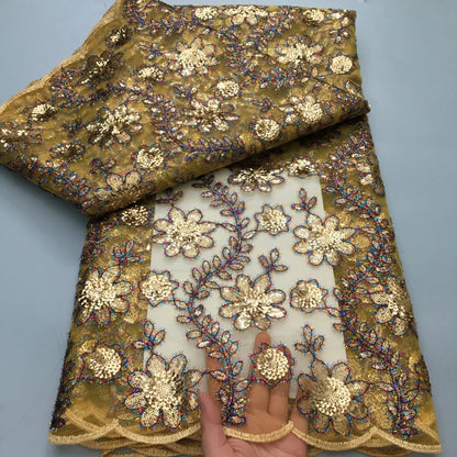 20225 French Flocking Tulle Lace Fabric High Quality 5 Yards Embroidered Sequins African Nigerian Lace Fabric for women Sewing