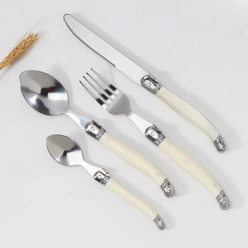 Stainless steel knife, fork, spoon set, milky white plastic handle, steak knife, steak fork spoon, steak tableware for home use