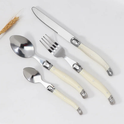 Stainless steel knife, fork, spoon set, milky white plastic handle, steak knife, steak fork spoon, steak tableware for home use
