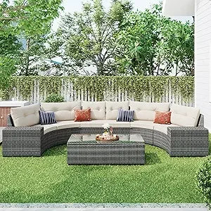 Outdoor Wicker Sectional Sofa Set with Curved Design and Rectangular Coffee Table - Water-Resistant and UV Protected