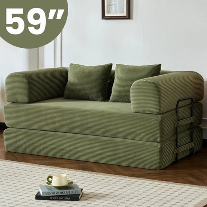 59’’ Convertible Sofa Bed Corduroy Upholstered Boneless Couch, Loveseat Fold Out Small Floor Sleeper for Living Room