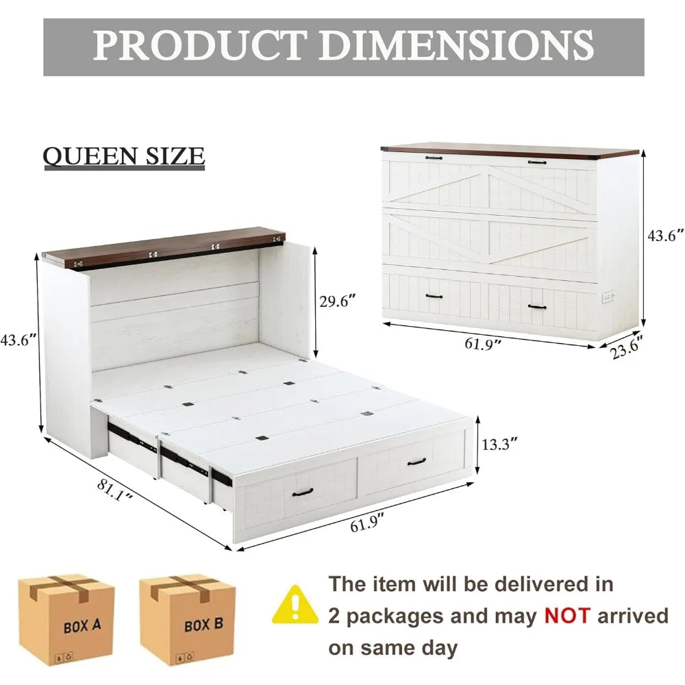 Queen Murphy Bed with Storage & Charging Station, Farmhouse Murphy Cabinet Bed with Large Drawer, Hideaway Foldable Platform Bed