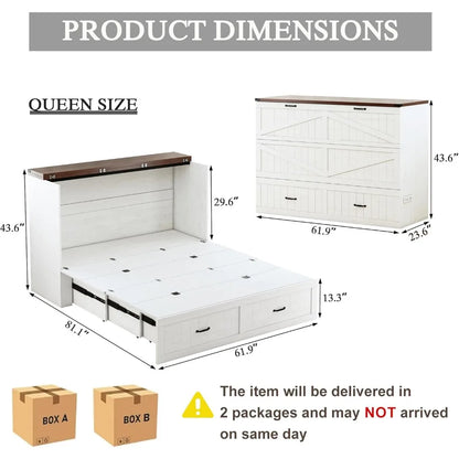 Queen Murphy Bed with Storage & Charging Station, Farmhouse Murphy Cabinet Bed with Large Drawer, Hideaway Foldable Platform Bed