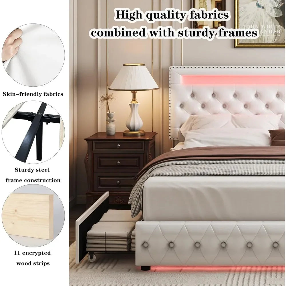 LED Bed Frame with 4 Drawers, RGB LED Light Headbaord Footboard, Adjustable Upholstered Headboard Diamond Bed Frame