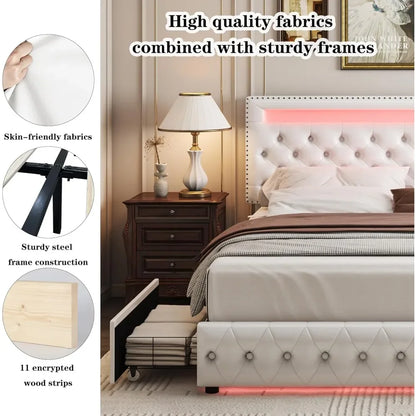 LED Bed Frame with 4 Drawers, RGB LED Light Headbaord Footboard, Adjustable Upholstered Headboard Diamond Bed Frame