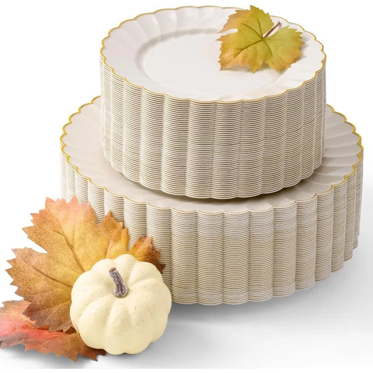 100-Pc Heavyweight Thanksgiving Plates - Ivory Scalloped Gold Trim, 50 Guest Capacity