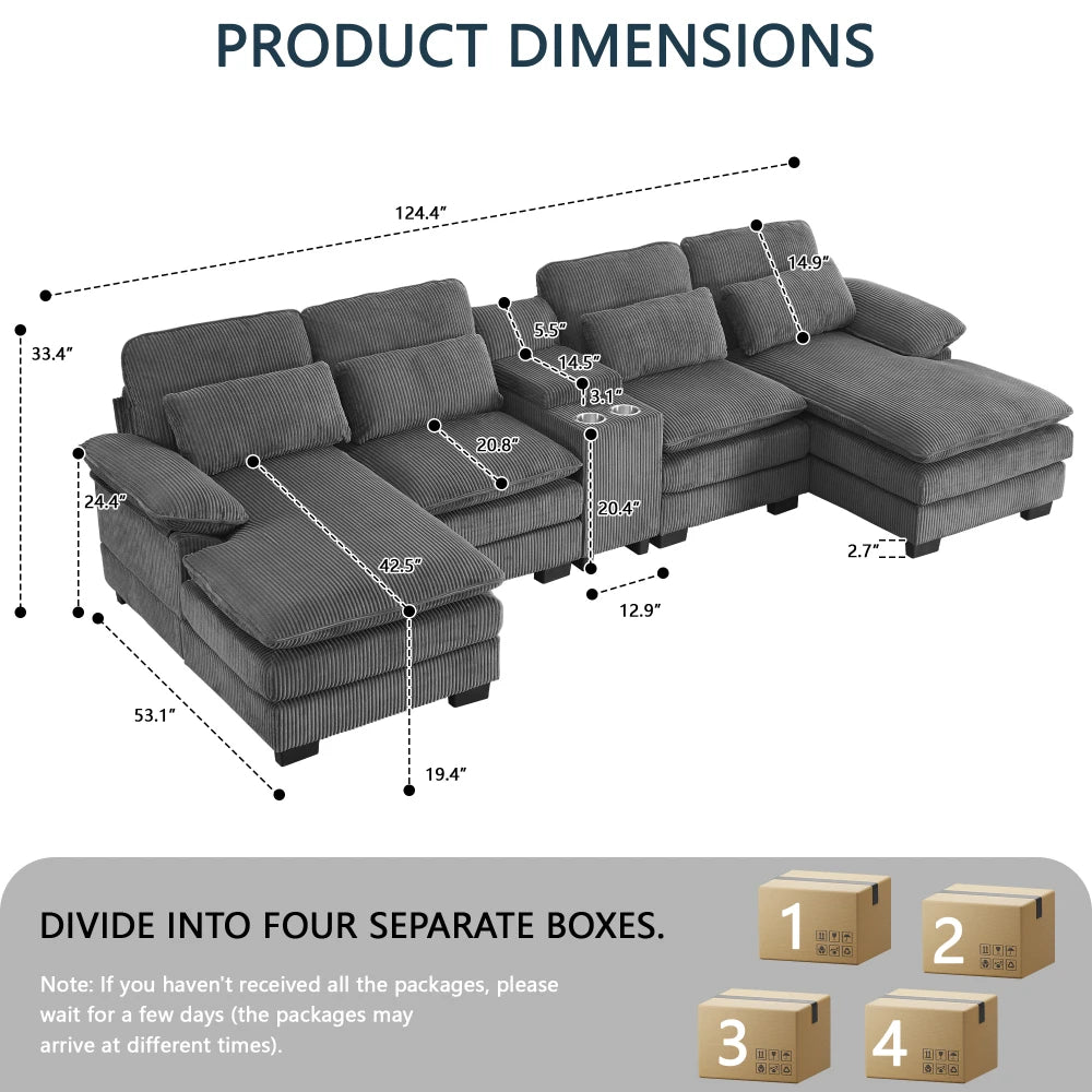 124" Modular U-Shaped Sectional Sofa, 4-Seater Cloud Couch Corduroy Living Room Set w/ Storage Console, Cup Holders, Pillows