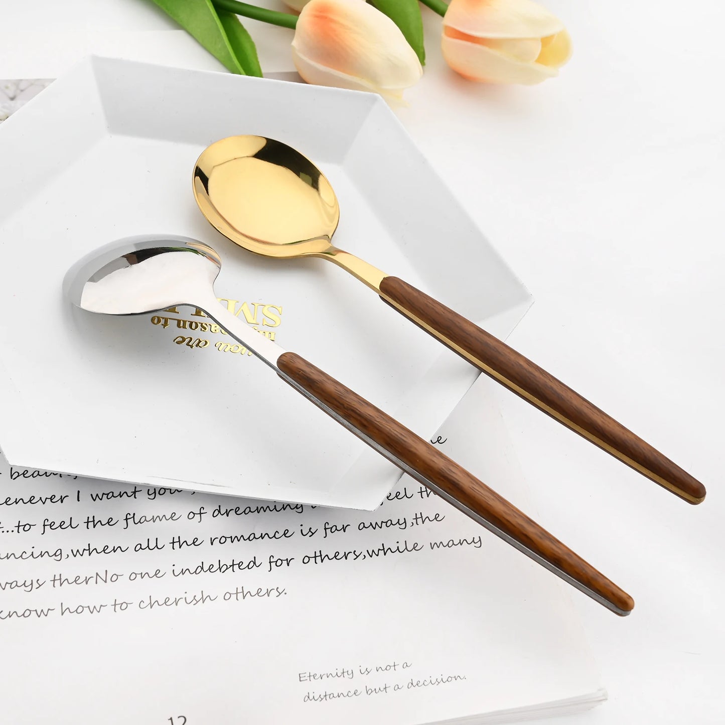 Drmfiy 24Pcs Brown Silver Dinnerware Stainless Steel Imitation Wooden Handle Silverware Knife Spoon Fork Cutlery Set Tableware