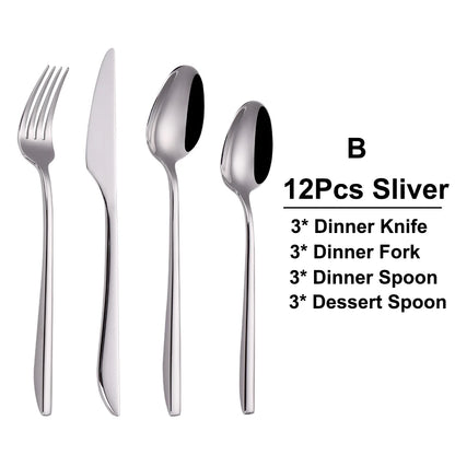 6/12/15/18/21 Pieces Sliver Cutlery Set Stainless Steel 304 Tableware Western Dinner Set Mirror Elegant Knife Fork Spoon