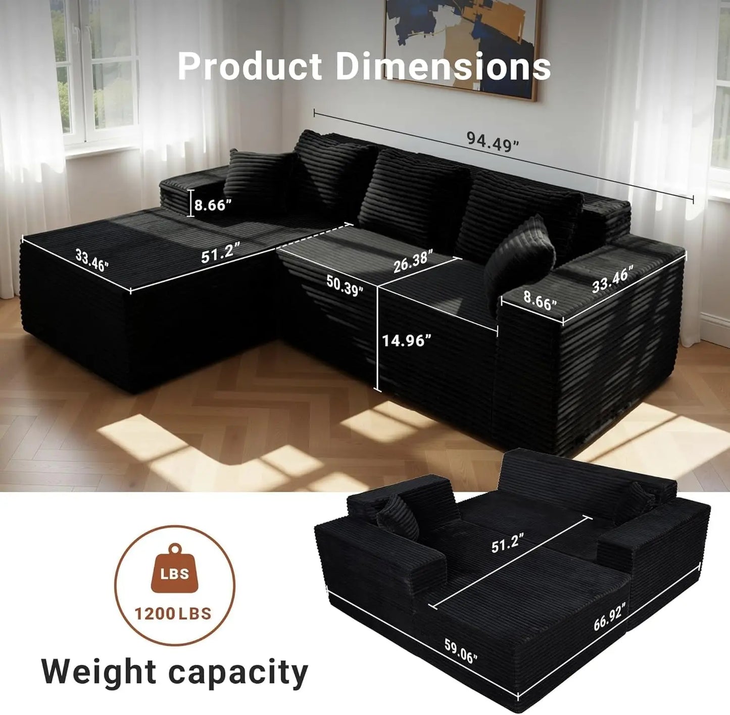 95" Boneless Couch, Cloud Couch Sectional, L-Shape Corduroy Modular Sectional Sofa Deep Seat, Upholstered Couches, Customized