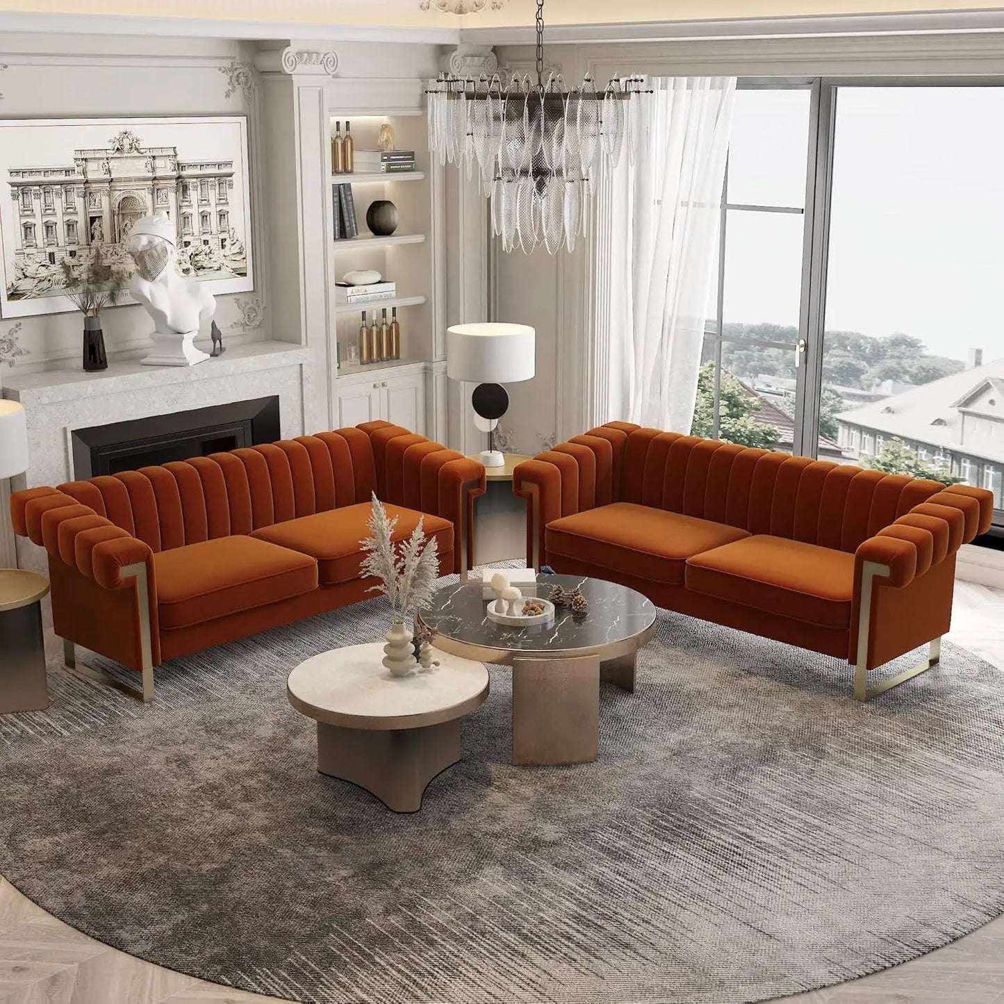 83'' Orange Velvet Couch Sofa Mid-Century Modern Love Seat Chesterfield 3 Seat Couches Sofa For Living Room Apartment (Orange)