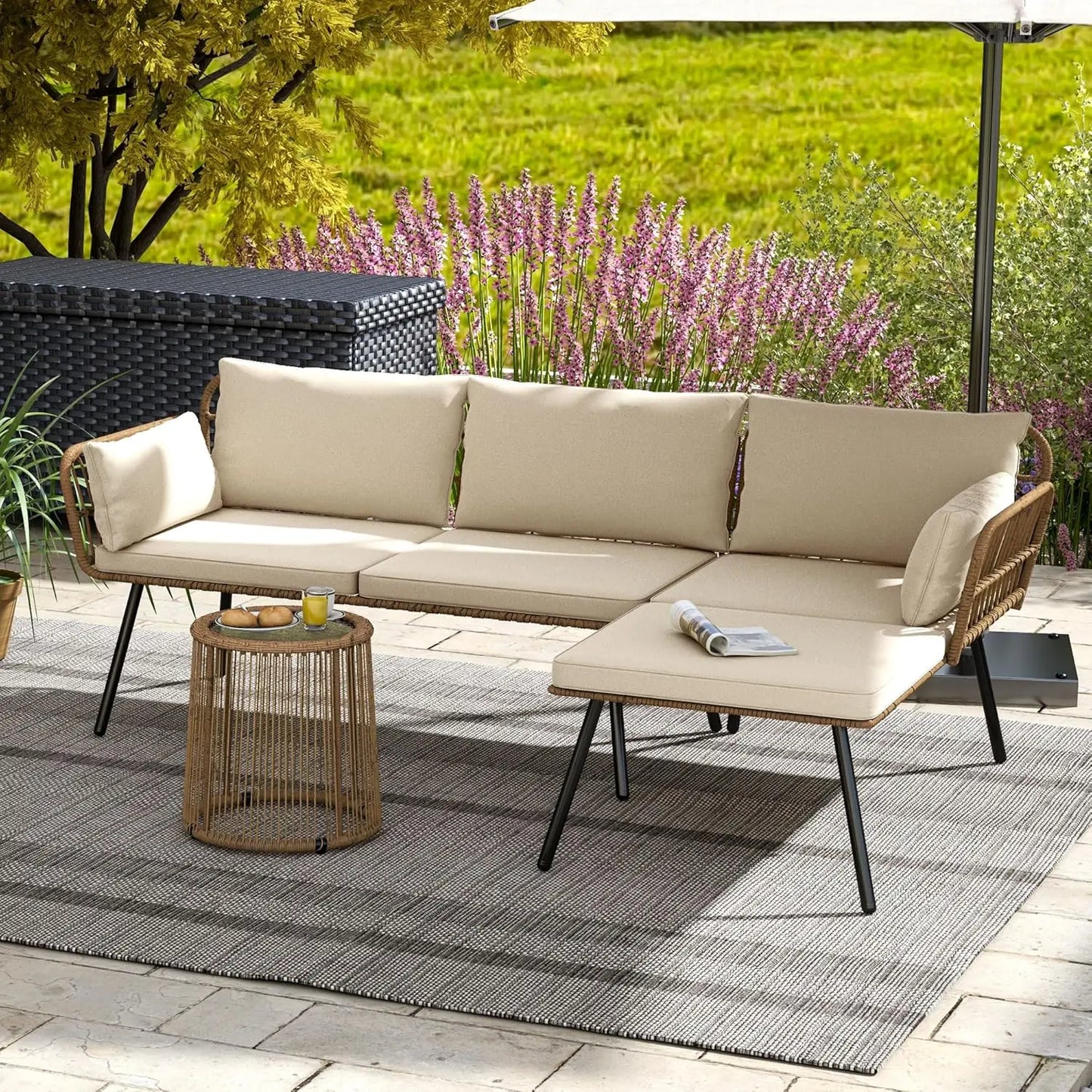 Patio Furniture Set 3Piece Outdoor Wicker Conversation Set with Detachable Cushions and Coffee Table L-Shaped Sectional Sofa Set
