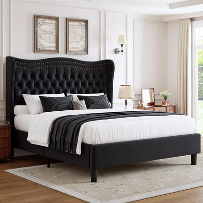 Full Bed Frame with Tall Headboard & Footboard,Velvet Upholstered Platform Bed Frame with Deep Button Tufted Wingback,Customized
