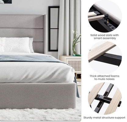 King Size Lift Up Storage Bed/Modern Wingback Headboard/Upholstered Platform Bed Frame/Hydraulic Storage/No Box Spring Needed/Wo
