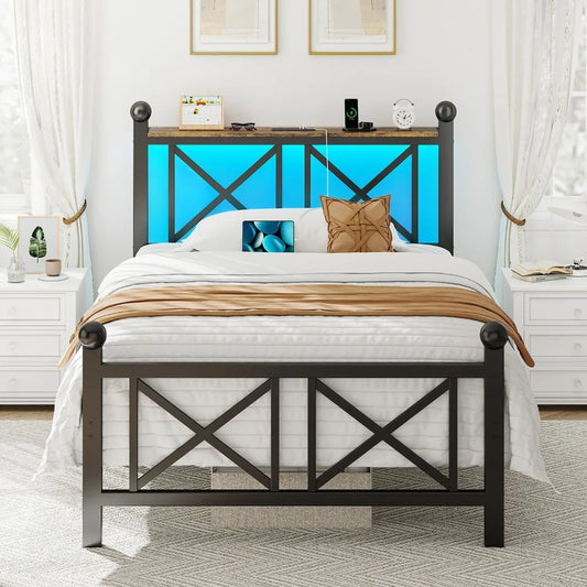 Bed Frame with LED Lights, Heavy Duty Metal Bed with Headboard and Footboard, Storage Shelf with Charging Station
