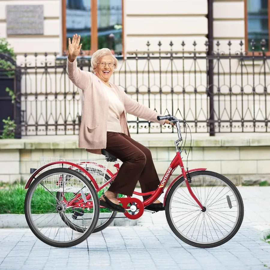 1/7-Speed Adult Tricycle 24/26-Inch 3-Wheel Cruise Bicycle with Basket for Seniors Stable and Reliable 3-Wheel Bike for Shoppin
