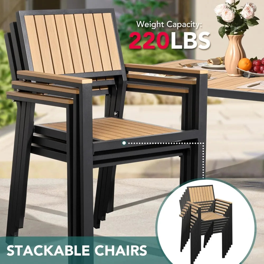 Outdoor Aluminum Furniture Set,8-Piece Patio Dining Set with 6 Outdoor Stackable Chairs and Plastic-Wood Table Top,Outdoor Furn
