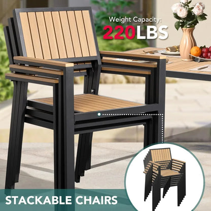 Outdoor Aluminum Furniture Set,8-Piece Patio Dining Set with 6 Outdoor Stackable Chairs and Plastic-Wood Table Top,Outdoor Furn