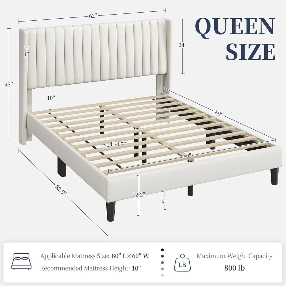 Queen Upholstered Platform Bed - Fabric Headboard with Wing Edge Design | Wooden Slats Support, Non-Slip & Noise-Free
