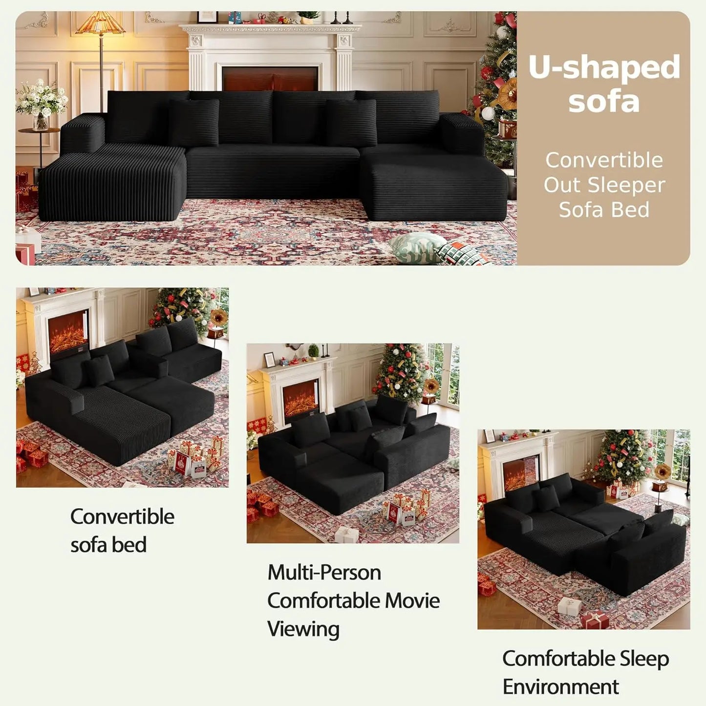 134.6''Sectional Sofa Couch for Livingroom,U-Shaped Boneless Couch with Chaise and Pillows,Modern Modular Corduroy Sofa,4-Deep S