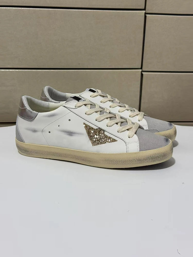 Spring Summer Fashion Casual Low-top Shiny Shoelaces Shoes Women's Round Toe Patchwork Diamond Heel Flat Bottom Sports Shoes