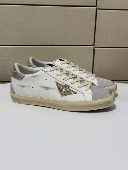 Spring Summer Fashion Casual Low-top Shiny Shoelaces Shoes Women's Round Toe Patchwork Diamond Heel Flat Bottom Sports Shoes