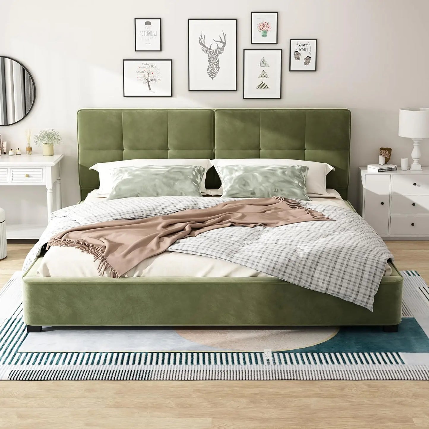King Size Velvet Bed Frame with Curved Tufted Headboard, Wooden Platform Bed Frame with Soft Square Corners, Heavy, Customized