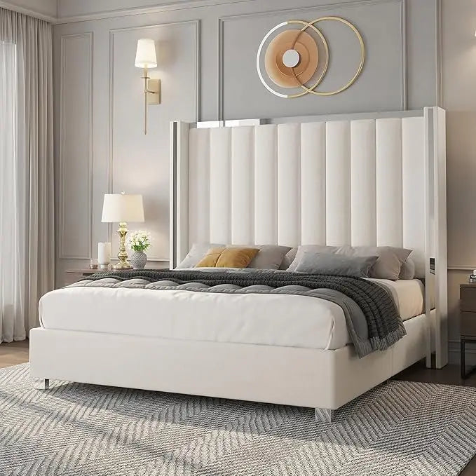 Black Velvet 58 High Wingback Headboard Queen Bed Frame, No Box Spring Required,Customized