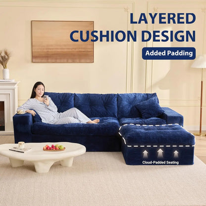 102" L-Shape Modular Sectional Sofa Deep Seat Corduroy Comfy Couch Ottoman Living Room Set, Customized