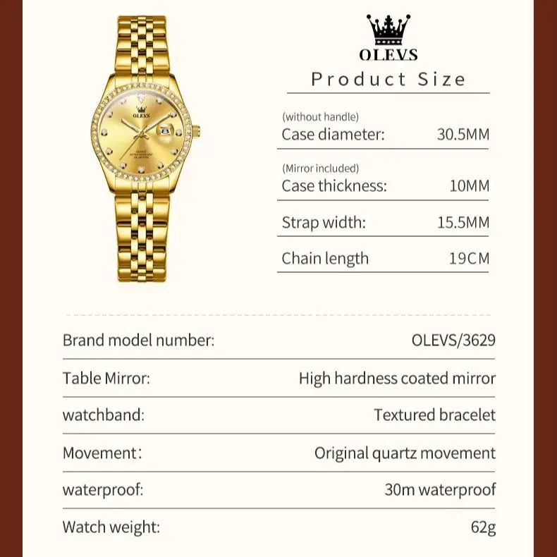 OLEVS 3629 Top Luxury Brand Women Watch Classic Business Calendar Waterproof Luminous Watch Elegant Diamond Women Quartz Watch