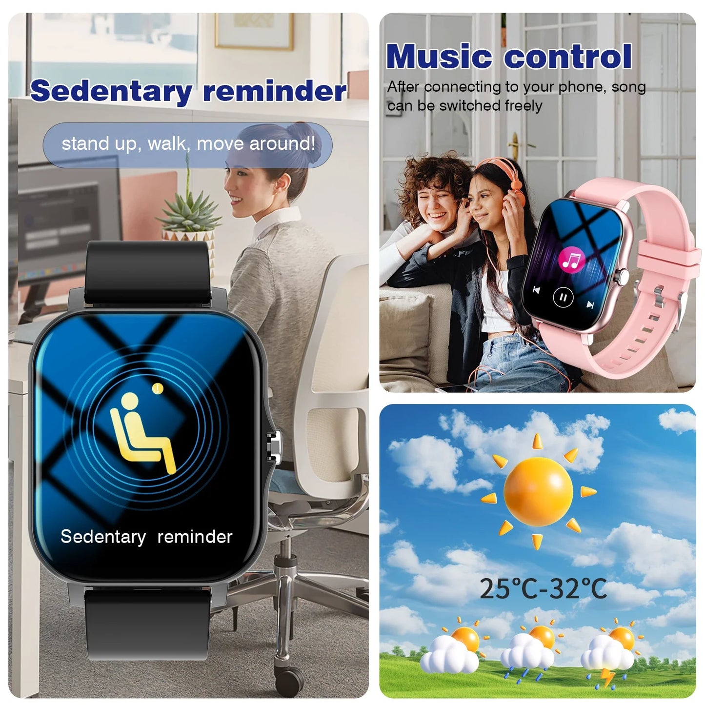 Smartwatch, Wireless Calling/dialing, Message Reminders, Multi-sport Mode, Music Playback, Suitable for IPhone/Android