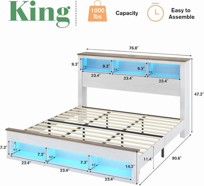 Farmhouse King Size Bed Frame with Storage Bookcase Headboard and Footboard, Storage Wood Platform Bed Frame