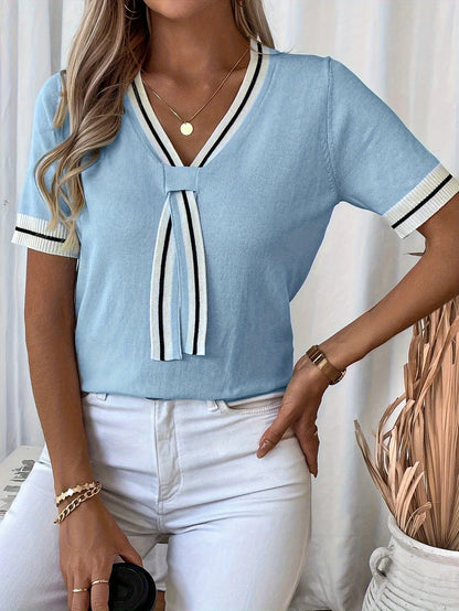 Autumn and Winter New Fashion Woman Sweater V-neck Ribbon Knitted Casual Color Block Women's Short Sleeve Top Women's Clothing