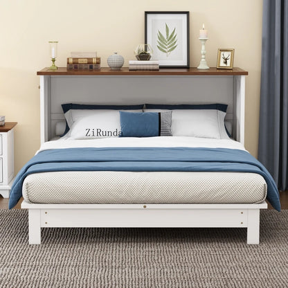 Solid Pine Murphy Bed Chest with Charging Station and Large Storage Drawer for Home Office or Small Room , Queen, White+Walnut
