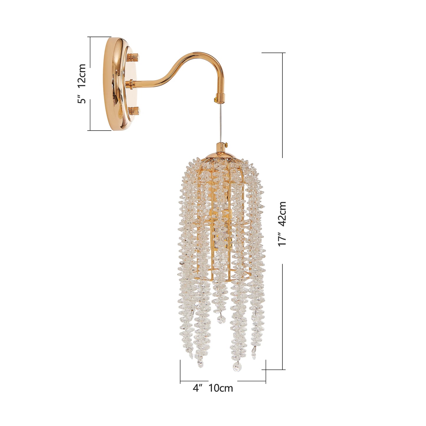 Set of 2 Gold Frame and Cascading Crystal Bead String Wall Sconces, E12 Bulb Socket, Elegant Hanging Light Fixture (No Bulb)