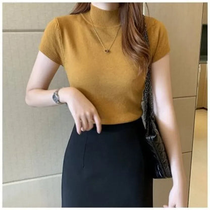 Korean Style Half Polo/turtle Neck Short Sleeves Knitted Top Women's Summer New Elegant Base Layer Top Slimming Cropped T-shirt