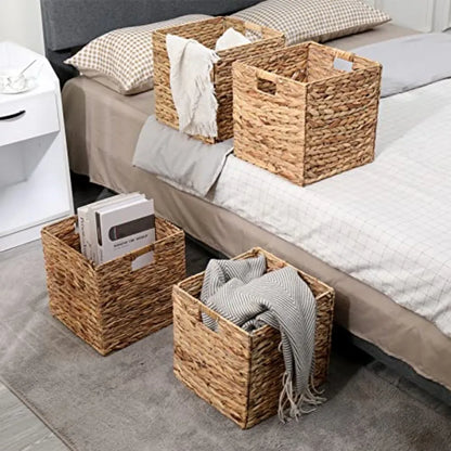12x12in Storage Baskets Set of 4 Water Hyacinth Baskets Foldable Handwoven Storage Cubes Wicker Cube Baskets Laundry Organizer