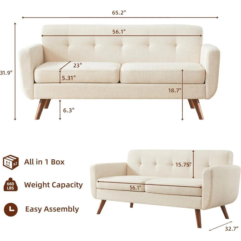 65" W Loveseat Sofa, Mid Century Modern Decor Love Seat Couches for Living Room, Button Tufted Upholstered Small Couch