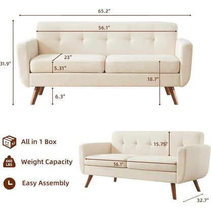 65" W Loveseat Sofa, Mid Century Modern Decor Love Seat Couches for Living Room, Button Tufted Upholstered Small Couch