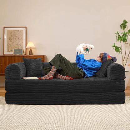 79" Boneless Corduroy Convertible Sofa Bed Foldable Memory Foam Compressed Modular Couch in a Box for Customized Comfort