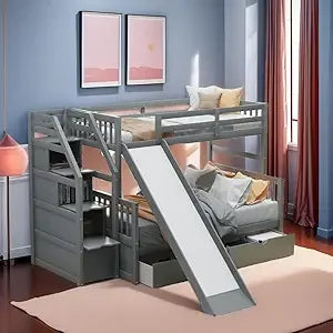 SOFTSEA Twin Over Twin Low Bunk Beds with Slide and Stairs, No Box Spring Needed