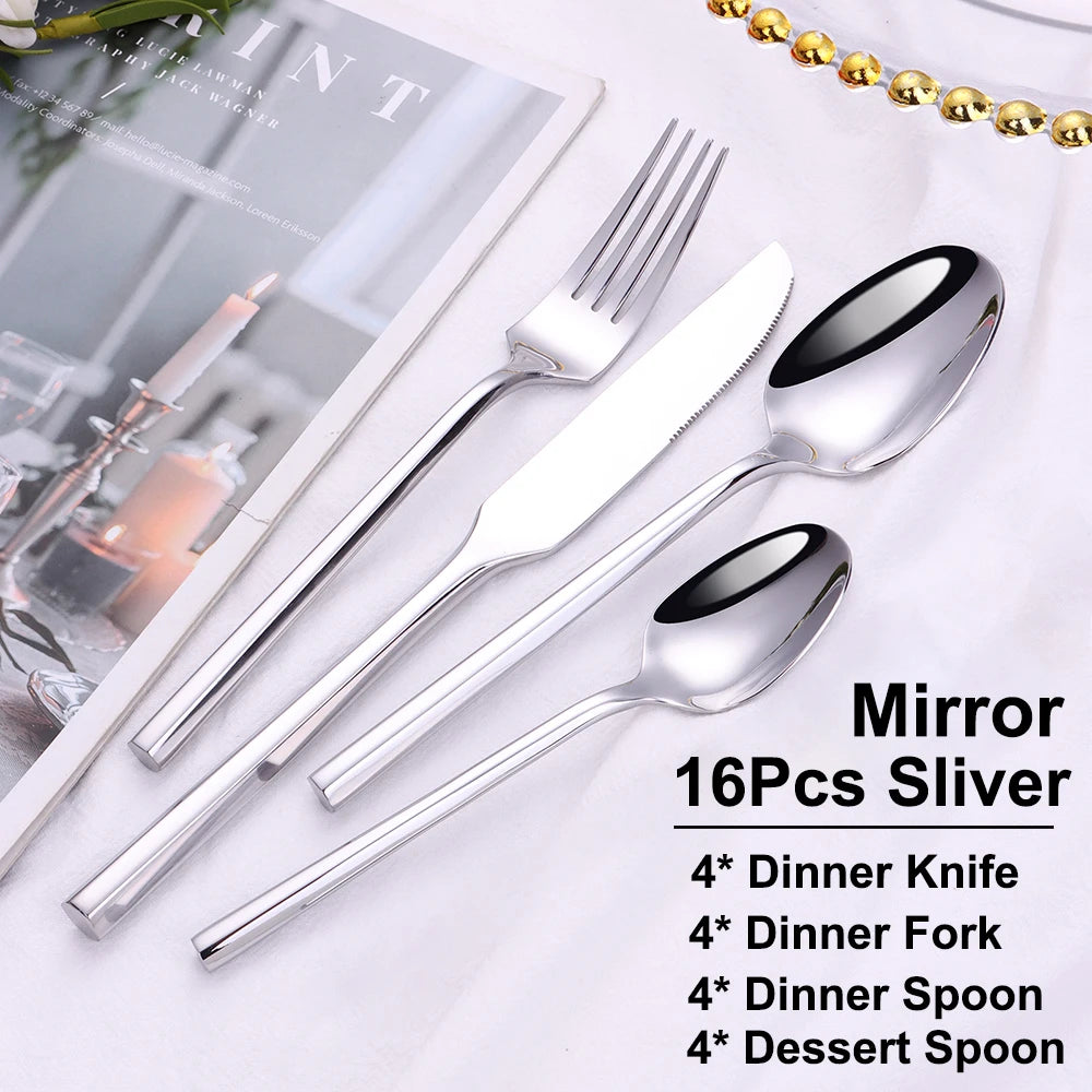 6/16/20Pcs Stainless Steel 304 Cutlery Set Mirror Sliver Tableware Western Hexagonal Handle Dinner Set Matte Knife Fork Spoon