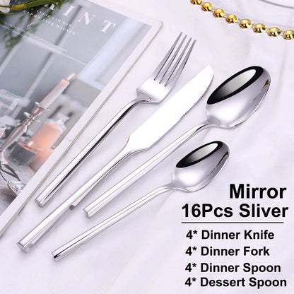 6/16/20Pcs Stainless Steel 304 Cutlery Set Mirror Sliver Tableware Western Hexagonal Handle Dinner Set Matte Knife Fork Spoon