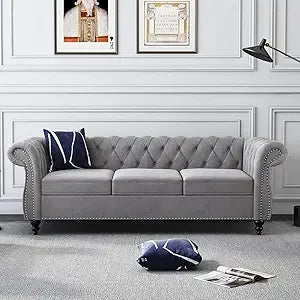 Chesterfield Leather Sofa 3 Seater Couch, Mid-Century Large Sofa Roll Arm Classic Tufted Settee Modern PU Sofa with Channel Tuf