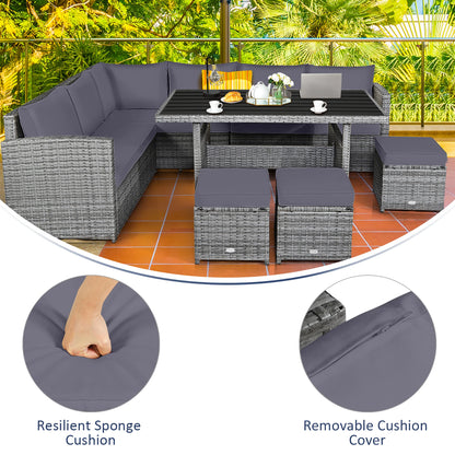 7 PCS Patio Rattan Dining Set Sectional Sofa Couch Ottoman Garden Grey